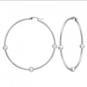 Stainless Steel Large Hoop Earrings 62mm Ball Detail Statement